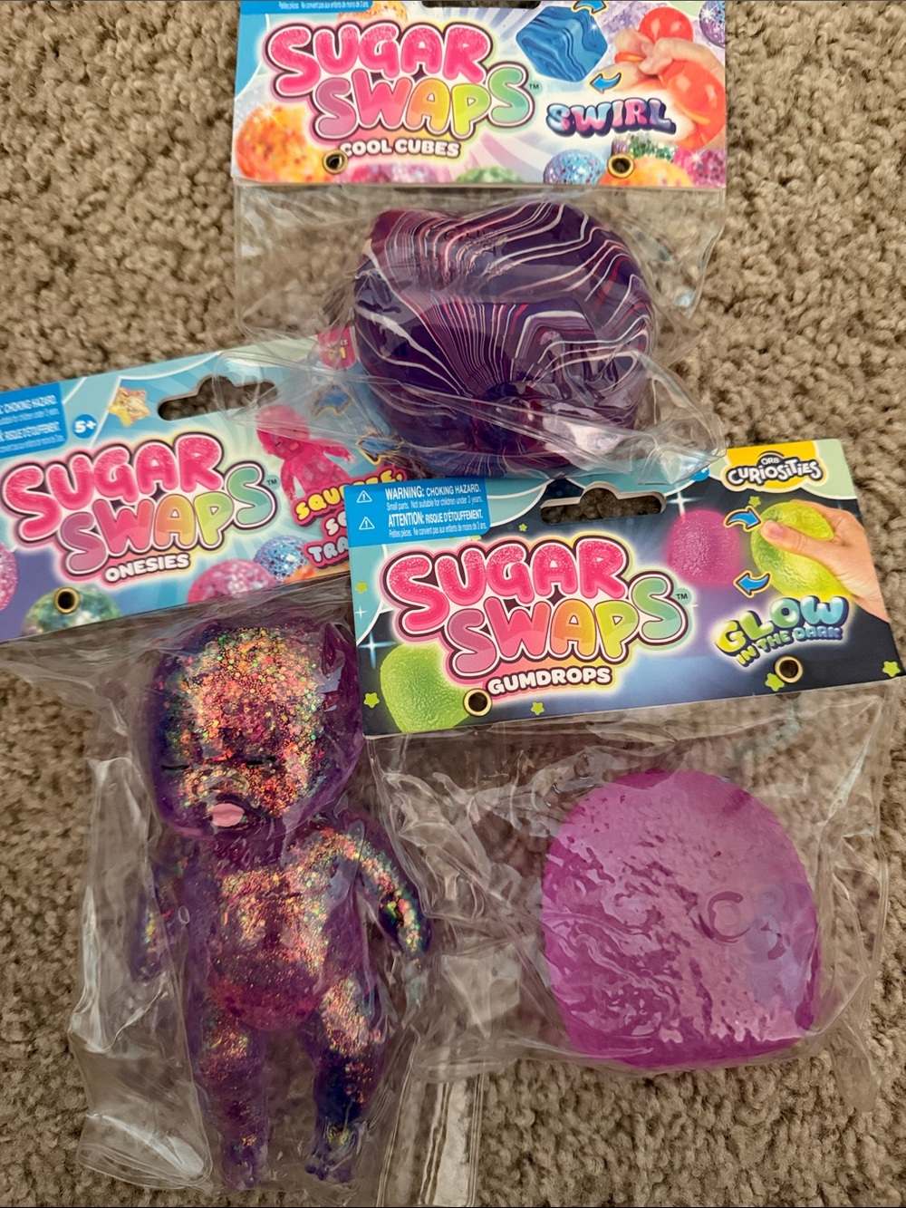 Purple Kids squishy bundle - Glow Gumdrops and Cool Cubes and baby onesies sugar